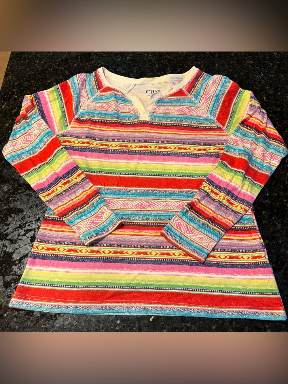 Chaps Sport Long Sleeve Multicolored Aztec Striped Split Neck T-shirt Sz M/L